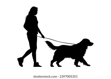 silueta de mujer con perro caminando aislado sobre fondo blanco