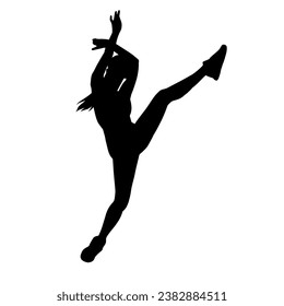 Silhouette of a woman doing aerobic move. Silhouette of a gym sporty person doing warming up workout.