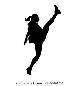 Silhouette of a woman doing aerobic move. Silhouette of a gym sporty person doing warming up workout.