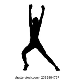 Silhouette of a woman doing aerobic move. Silhouette of a gym sporty person doing warming up workout.