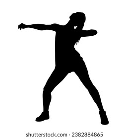 Silhouette of a woman doing aerobic move. Silhouette of a gym sporty person doing warming up workout.