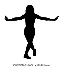 Silhouette of a woman doing aerobic move. Silhouette of a gym sporty person doing warming up workout.