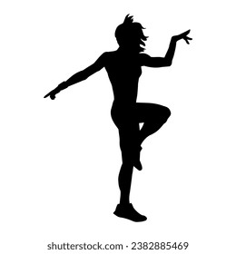 Silhouette of a woman doing aerobic move. Silhouette of a gym sporty person doing warming up workout.