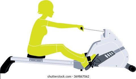 Silhouette Of The Woman Doing Indoor Rower Workout. Rowing Machine Vector.