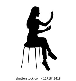 Silhouette of woman doing manicure, sitting, painting nails on hands, black color isolated on white background