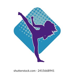 Silhouette of a woman doing a martial art kick. Silhouette of a sporty female doing kicking movement.