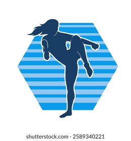 Silhouette of a woman doing a martial art kick. Silhouette of a sporty female doing kicking movement.