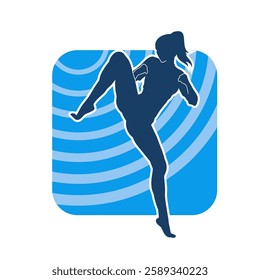 Silhouette of a woman doing a martial art kick. Silhouette of a sporty female doing kicking movement.