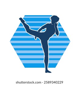 Silhouette of a woman doing a martial art kick. Silhouette of a sporty female doing kicking movement.