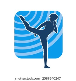 Silhouette of a woman doing a martial art kick. Silhouette of a sporty female doing kicking movement.