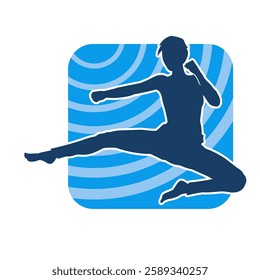 Silhouette of a woman doing a martial art kick. Silhouette of a sporty female doing kicking movement.