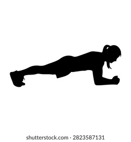 Silhouette of a woman doing a plank exercise, demonstrating core strength and stability in a fitness routine, isolated on a plain white background.