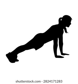 Silhouette of a woman doing a push-up, demonstrating strength and fitness in a workout pose on a plain white background.