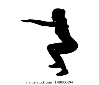 Silhouette of a woman doing squats. Physical exercises. Squats. Fitness. Vector illustration of a woman doing sports isolated on a white background