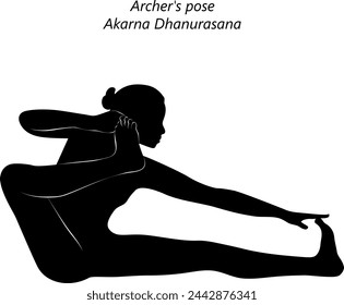 Silhouette of woman doing yoga Akarna Dhanurasana. Archer s pose. Bow and Arrow pose or Shooting Bow pose. Isolated vector illustration