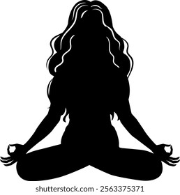 Silhouette of woman doing yoga exercise. Girl stting in lotus pose, meditation. Vector illustration