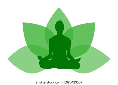 Silhouette of woman doing yoga with green leaves.
