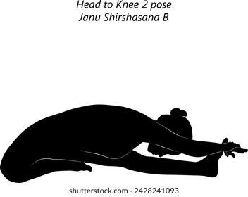 Silhouette of woman doing yoga Janu Shirshasana B. Head to Knee 2 pose. Intermediate Difficulty. Isolated vector illustration