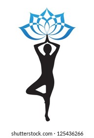 silhouette of a woman is doing yoga and lotus flower