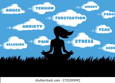 silhouette of woman doing YOGA Lotus pose outdoor vector. Everything flows concept. Each clouds is a bad feeling that passes