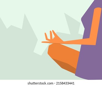 Silhouette of a woman doing yoga in a lotus position on a background of rocky mountains. The concept of meditation. Close-up. Relaxation and detox from city life, outdoor sports. Modern vector design.