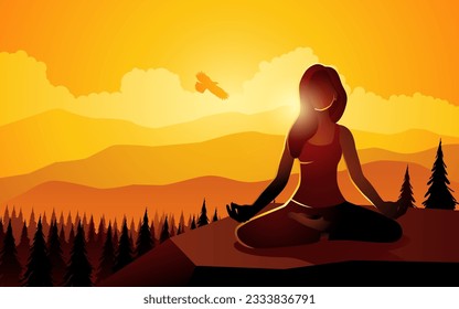 Silhouette of a woman doing yoga on mountain peak, vector illustration