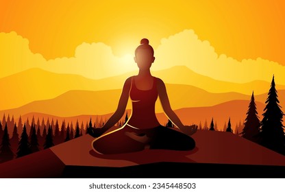 Silhouette of a woman doing yoga on mountain peak, vector illustration