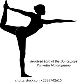 Silhouette of woman doing yoga Parivritta Natarajasana. Revolved Lord of the Dance pose. Isolated vector illustration.