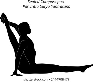 Silhouette of woman doing yoga Parivritta Surya Yantrasana. Seated Compass pose. Sundial pose or Sage Visvamitra s  pose. Isolated vector illustration