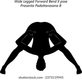 Silhouette of woman doing yoga Prasarita Padottanasana B. Wide Legged Forward Bend 2 pose. Intermediate Difficulty. Isolated vector illustration.