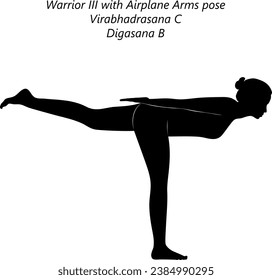 Silhouette of woman doing yoga Virabhadrasana C or Digasana B. Warrior III with Airplane Arms pose. Isolated vector illustration.