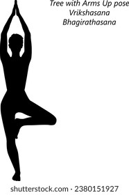 Silhouette of woman doing yoga Vrikshasana. Tree with Arms Up pose. Isolated vector illustration.