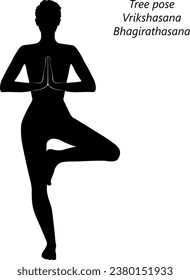 Silhouette of woman doing yoga Vrikshasana. Tree pose. Isolated vector illustration.