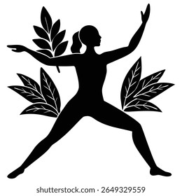 Silhouette of a woman doing yoga in warrior pose with plants around, white background