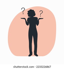 Silhouette de una mujer en duda y rodeada de signos de interrogación. Ilustración vectorial.