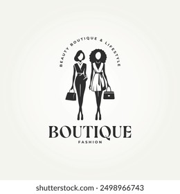 Silhouette Frau gekleidet in eleganter Mode con Logo, Vektorgrafik-Design. einfache moderne Mode Boutique Logo Konzept