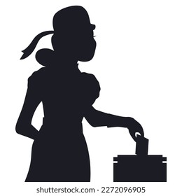 Silhouette of woman dressed in old-fashioned clothes and depositing her vote in ballot box.