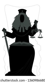 Silhouette of woman dressed in a wig and judge's clothes, holding a sword in one hand and a scale in another, with an open book on the lap. Isolated on white background