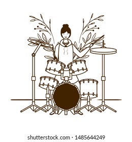 silhouette of woman with drum kit on white background