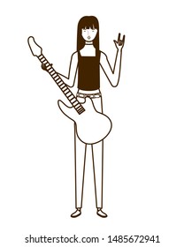 silhouette of woman with electric guitar on white background