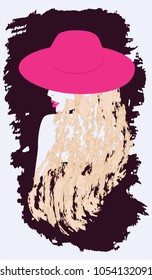 Silhouette of a woman in an elegant hat - bright pink lips - grunge blond hair long and black abstract element - isolated on white background vector art illustration