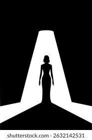 Silhouette of a Woman in Evening Gown Under Stage Spotlight – Illustration of a Singer or Performer on Stage -Woman Standing Under Spotlight	