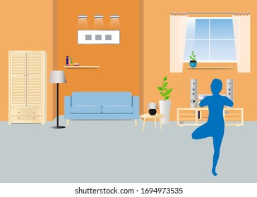 Silhouette of woman exercise yoga in living room.