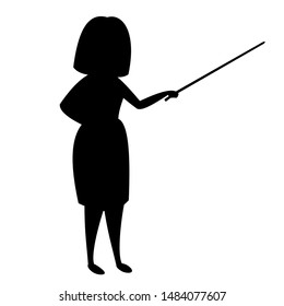 Silhouette of a woman explaining using a stick. Vector black and white flat illustration