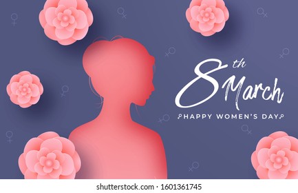 Silhouette of Woman Face and Pink Paper Cut Flowers Decorated on Blue Hydrosexual Sign Background for 8th March, Happy Women's Day Concept.