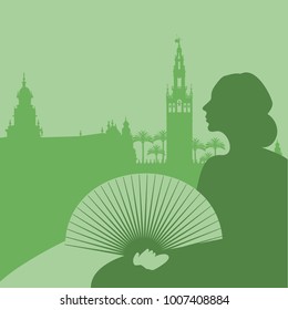 Silhouette of woman with fan, palm trees and monuments of Seville. (The Spain Square and The Giralda)