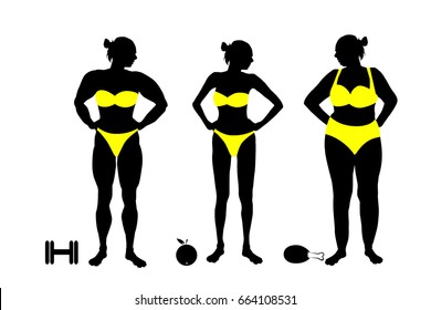 Silhouette Of A Woman Fat And Thin And Bodybuilder. Vector