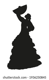 Silhouette of a woman Flamenco dancer with hand fan isolated on white background. Spanish culture. Flat vector illustration