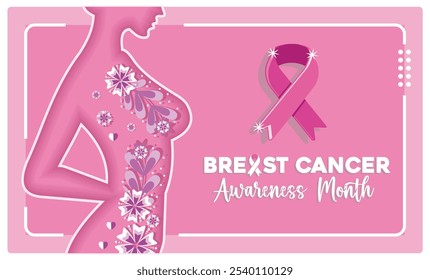 Silueta de una mujer con flores y una cinta rosa. Fondo rosa. Concepto de Concienciación sobre el Cáncer de Mama. Ilustración vectorial plana.