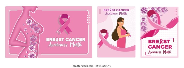 Silhouette of a woman with flowers and a pink ribbon. Breast cancer awareness campaign. Breast cancer awareness ribbon. Breast Cancer Awareness concept. Set flat vector illustration.